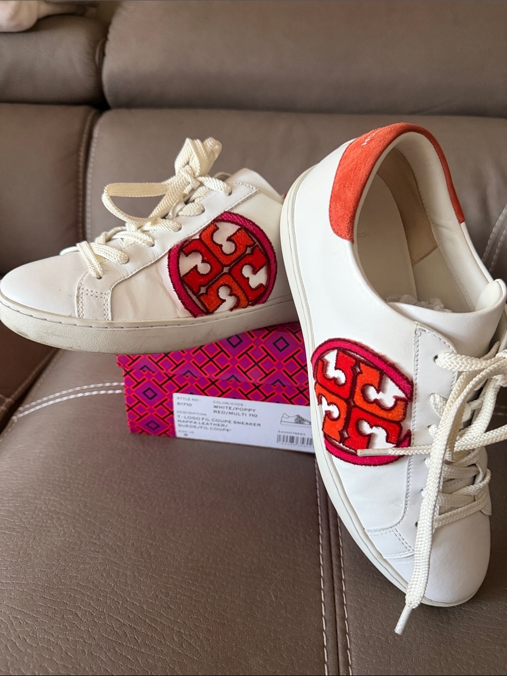 Tory Burch White Leather Sneakers with Red and Orange Logo